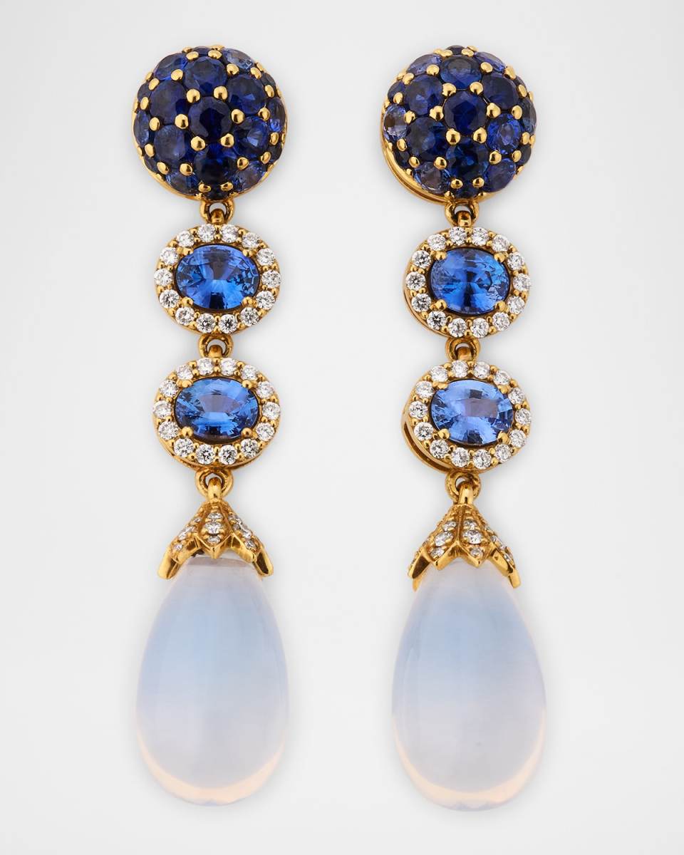 18K Yellow G-One Moon Quartz and Sapphire Earrings with Diamonds